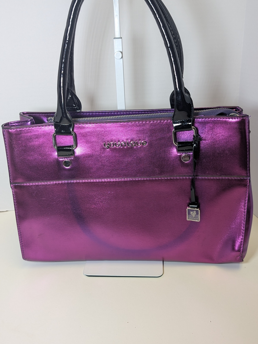 Younique Metallic Purple Tote with Black Patent Handles